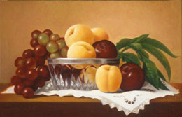 fine art paintings for sale - still life oil painting apricots, grapes in glass bowl by leah kristin dahlgren